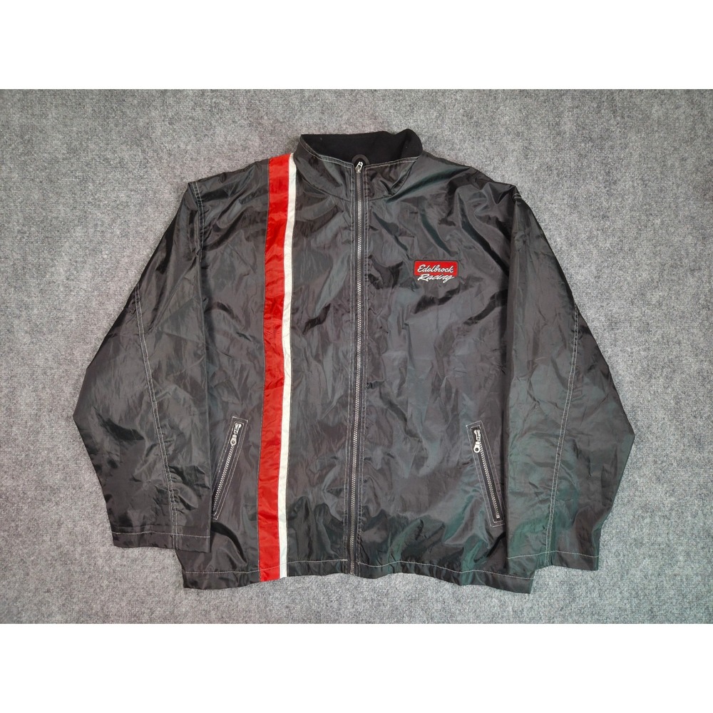 Edelbrock Racing Jacket Mens 2XL Black Red Stripe Full Zip Windbreaker Logo